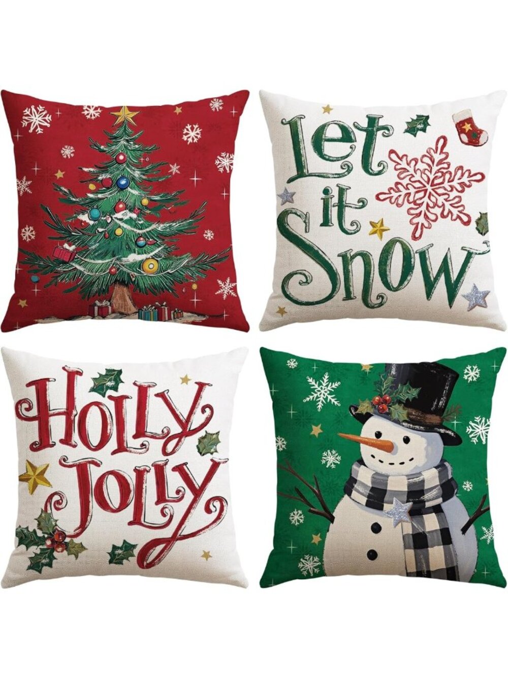Set of 4 Christmas Throw Pillow Covers 18x18 - Snowman, Let It Snow, Holiday